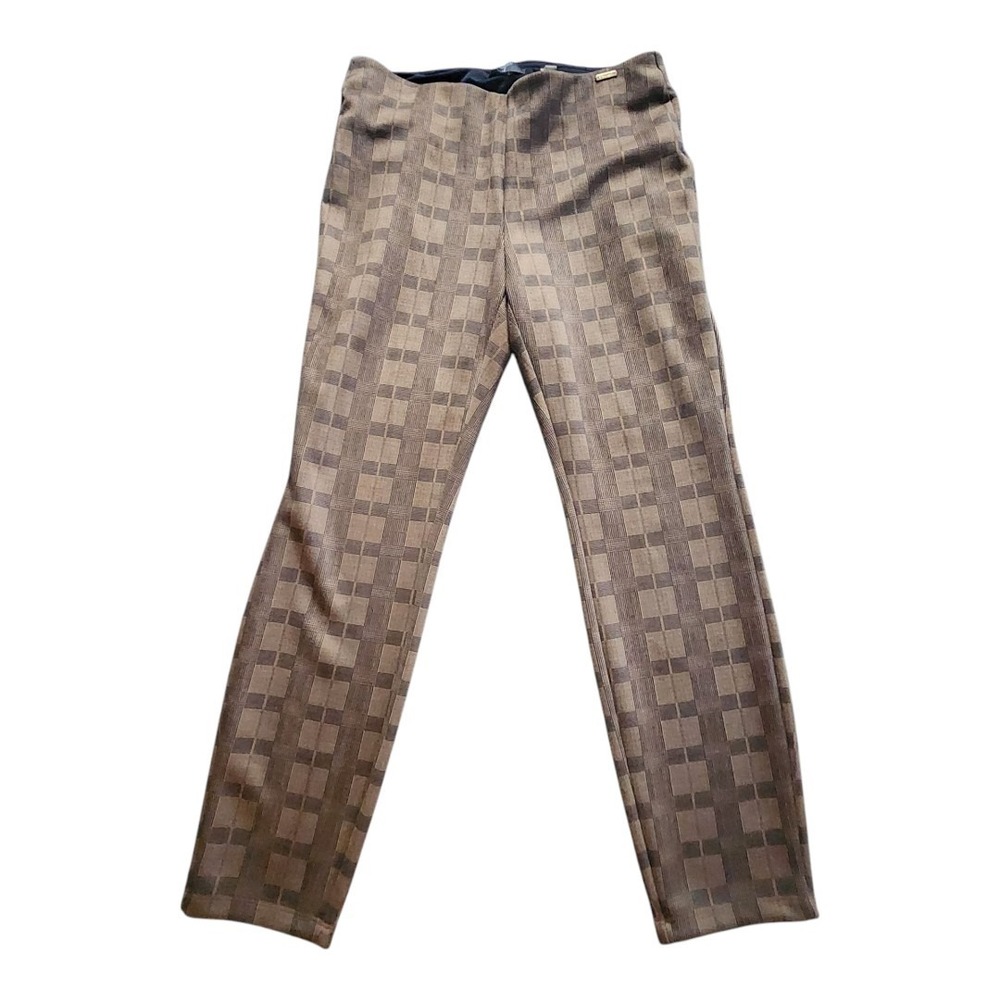 T‎ Tahari Faux Leather Ankle Pant Women Medium Brown Plaid Stretch Legging Cute